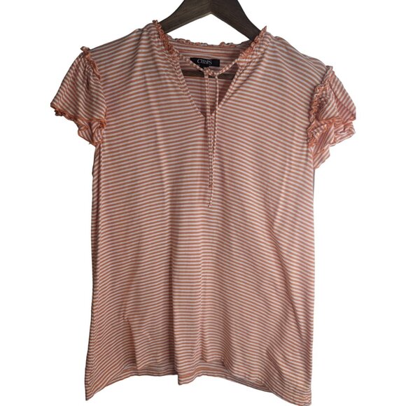 Chaps Women's Orange & White Striped T-Shirt Flutter Sleeves Front-Tie Sz M - Picture 2 of 8